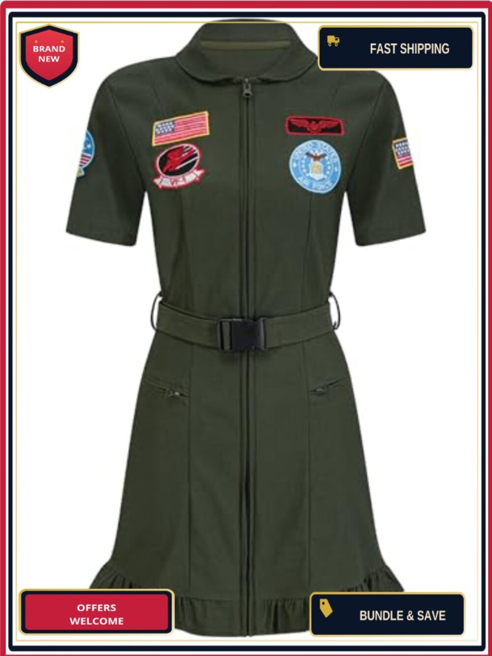 EBYTOP Women's Pilot Flight Costume Dress Halloween Jumpsuit with Accessories - Picture 4 of 5